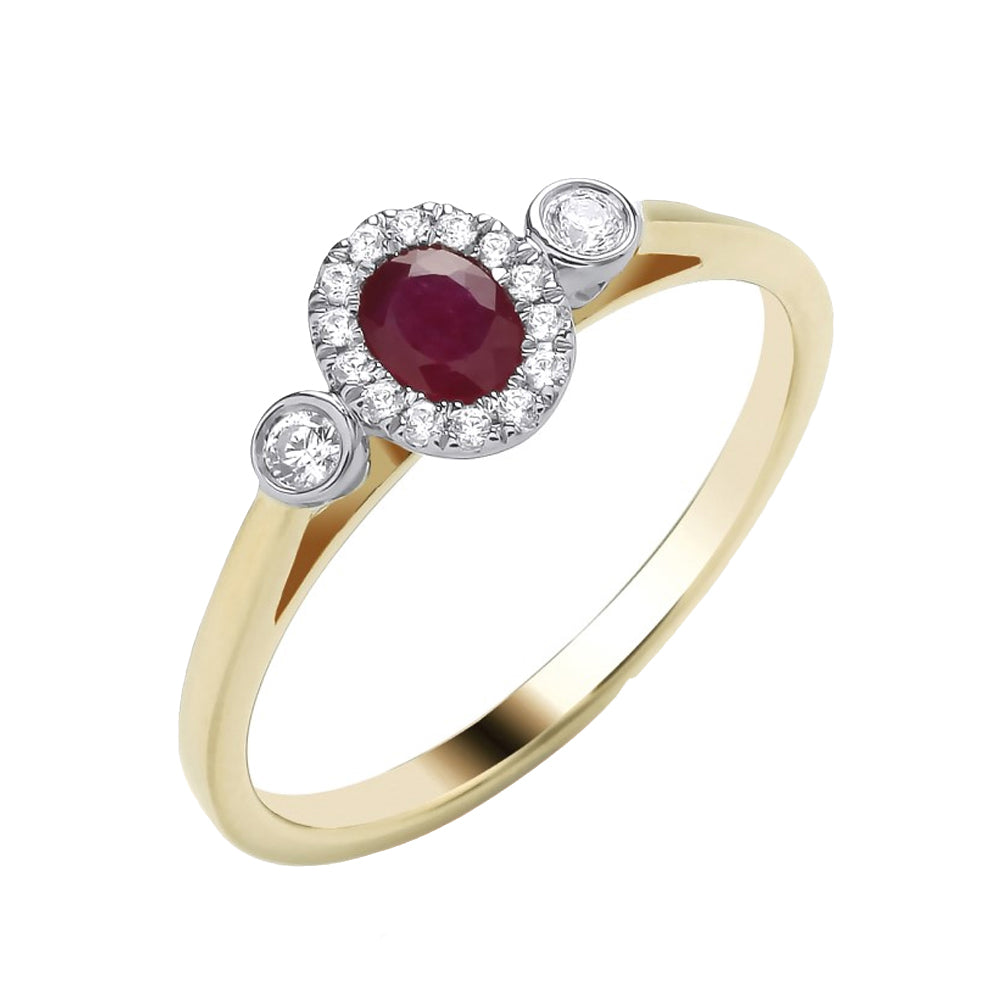 9ct Yellow Gold Ruby & Diamond Halo Trilogy Ring