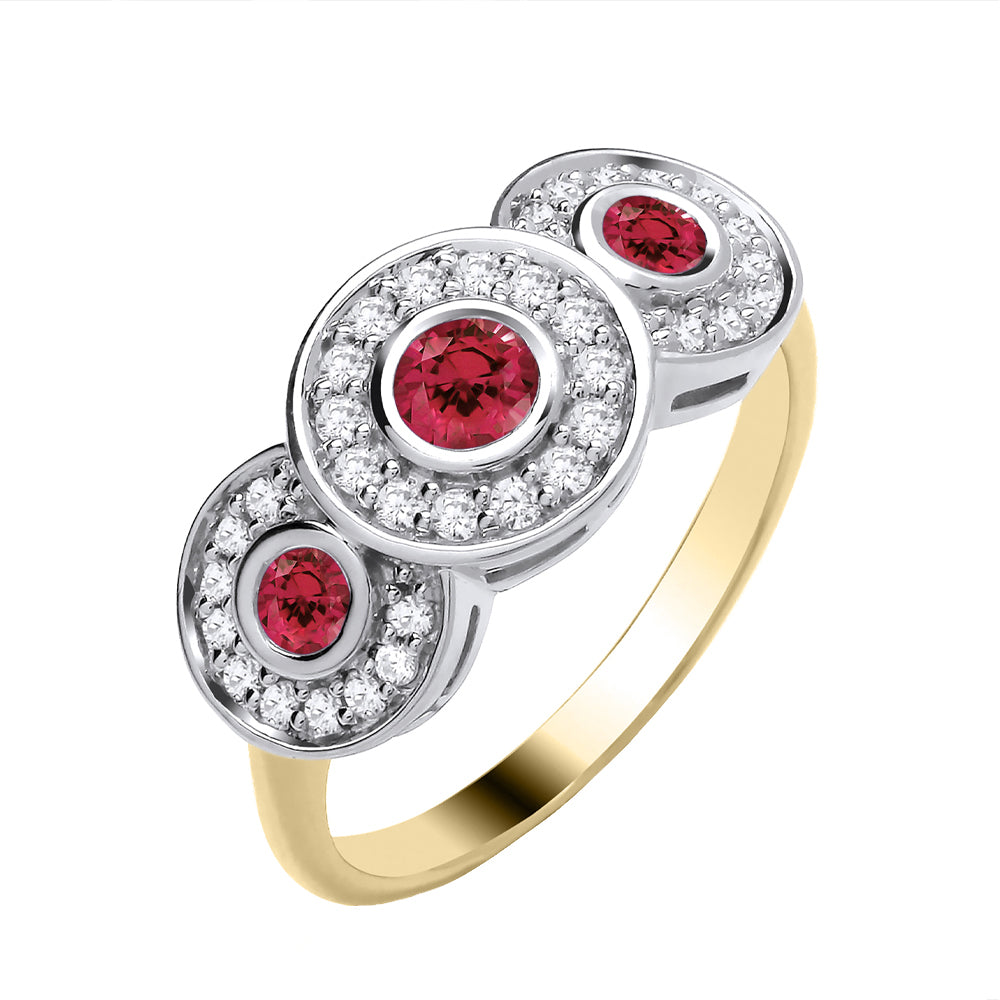 9ct Yellow Gold Ruby & Diamond Trilogy Halo Ring