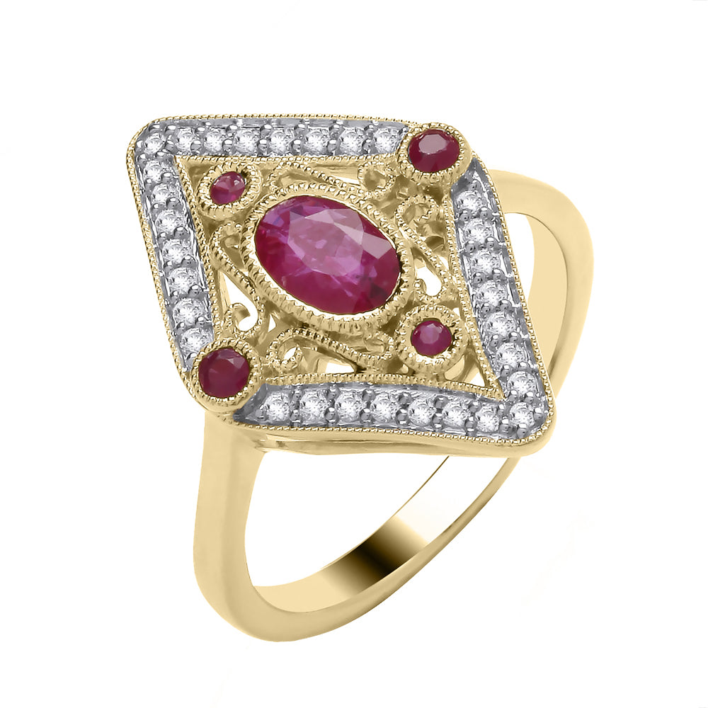 9ct Yellow Gold Ruby & Diamond Art Deco Style Ring