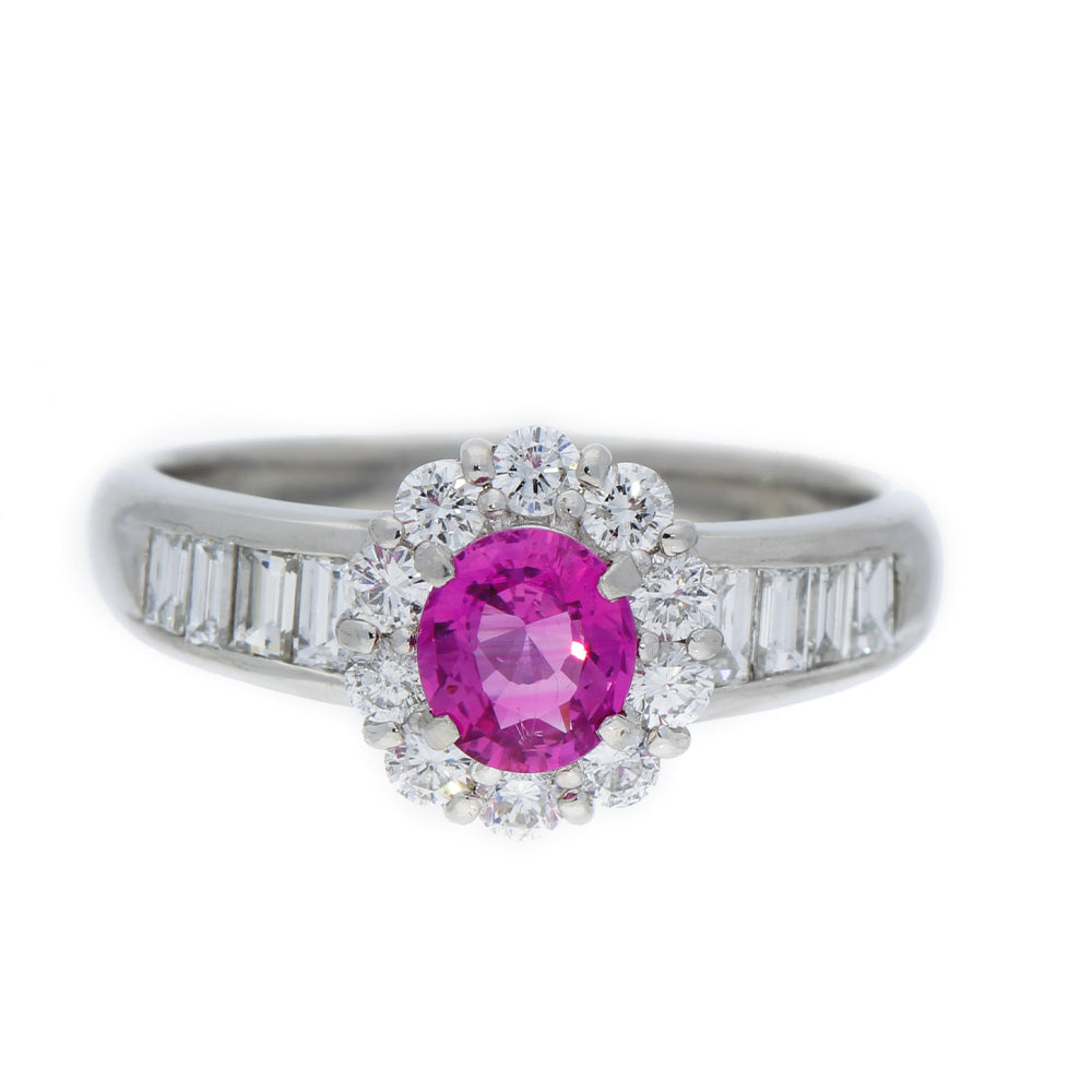 Platinum Pink Sapphire and Diamond Halo Ring with Baguette Shoulders