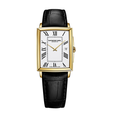 Raymond Weil Toccata Men’s Classic Rectangular Gold PVD White Dial Leather Watch, 37 x 29mm 5425-PC-00300