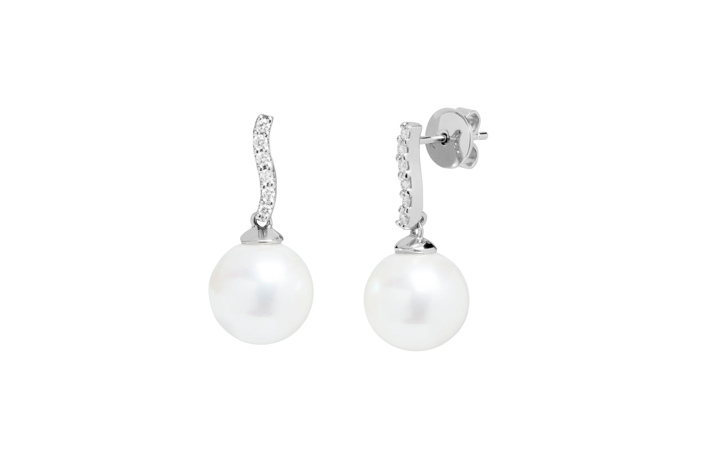 18ct White Gold 10mm Cultured Pearls and Diamond Drop Earrings