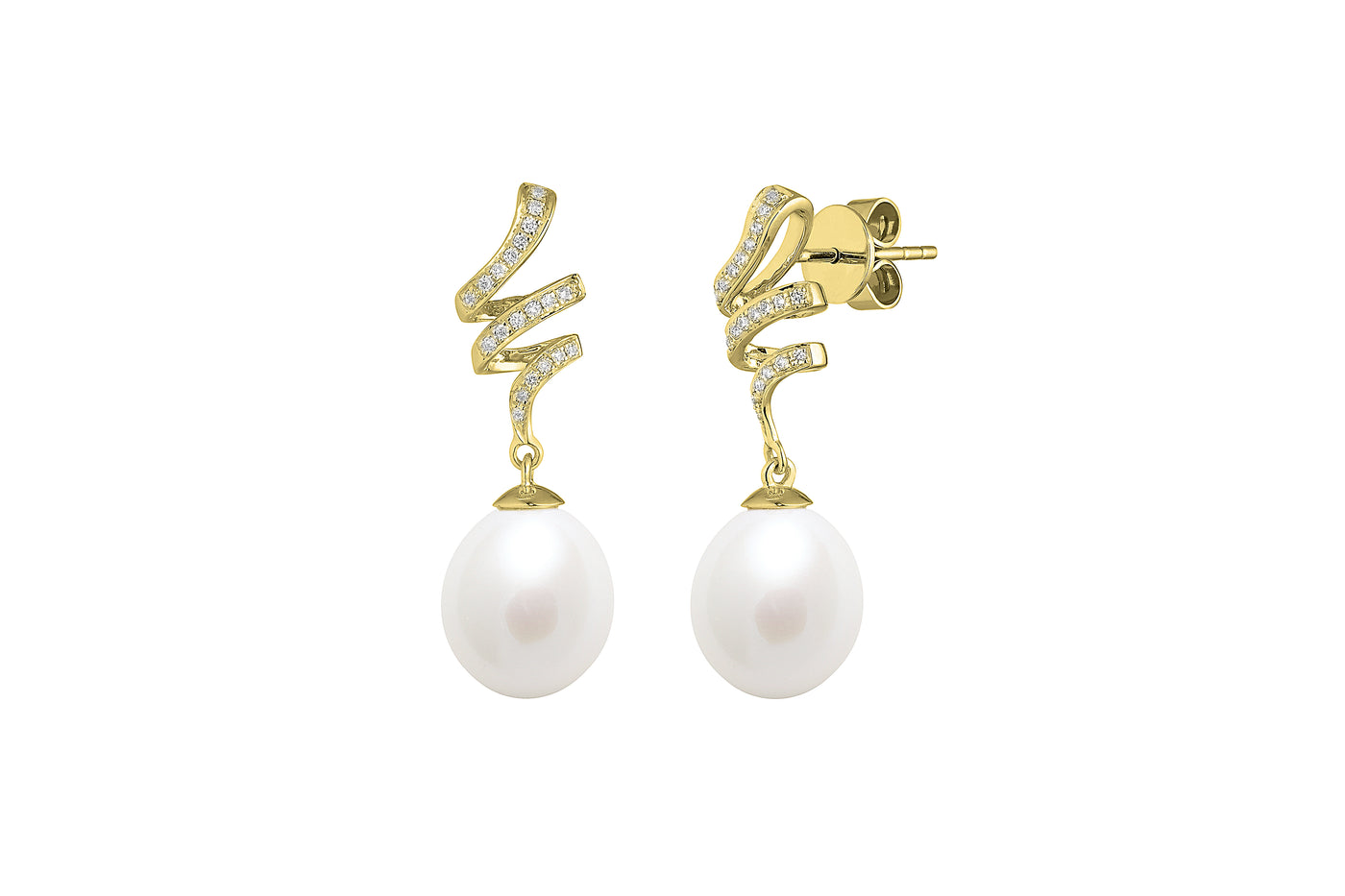 18ct Yellow Gold 10mm Cultured Pearls and Diamond Drop Earrings