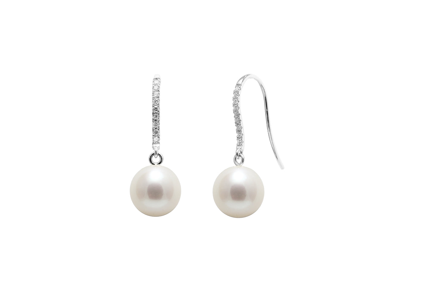 18ct White Gold 8mm Round Cultured Freshwater Pearls and Diamond Drop Earrings