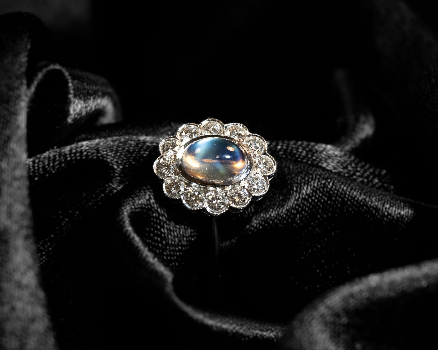 18ct White Gold Moonstone & Diamond Oval Halo Ring