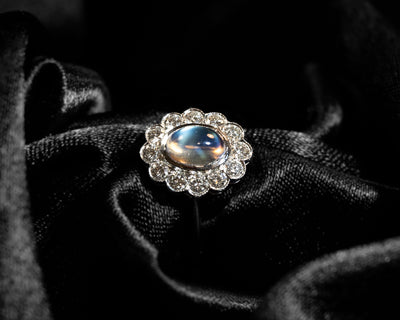 18ct White Gold Moonstone & Diamond Oval Halo Ring