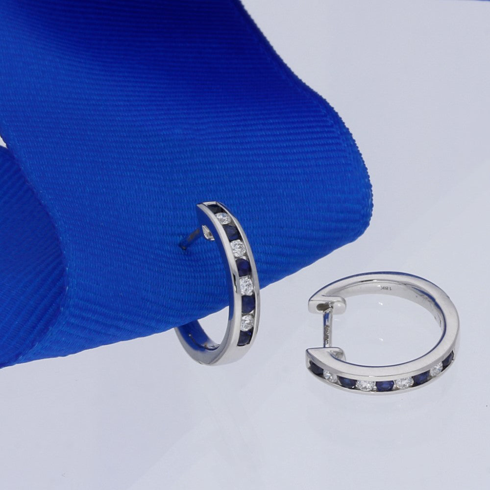 18ct White Gold Sapphire & Diamond Channel Set Small Hoop Earrings