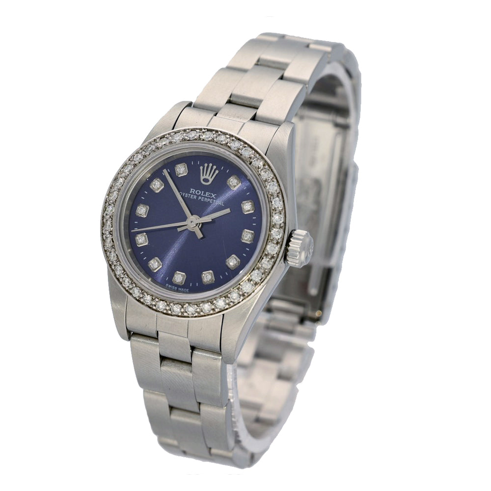 Pre-owned Rolex Oyster Perpetual 76080 2000 28mm Blue Diamond Dial Watch