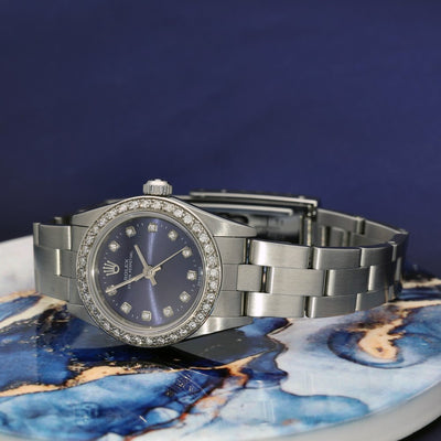 Pre-owned Rolex Oyster Perpetual 76080 2000 28mm Blue Diamond Dial Watch