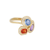 18ct Yellow Gold 1.74ct Mixed-Cut Orange, Blue, and Purple Sapphire with Diamond Halo Dress Ring