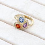 18ct Yellow Gold 1.74ct Mixed-Cut Orange, Blue, and Purple Sapphire with Diamond Halo Dress Ring