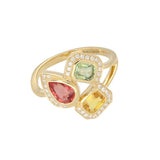 18ct Yellow Gold Orangey-Red, Yellow, and Green Mixed-Cut Sapphire and Diamond Cluster Ring