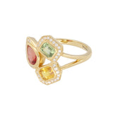 18ct Yellow Gold Orangey-Red, Yellow, and Green Mixed-Cut Sapphire and Diamond Cluster Ring