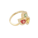 18ct Yellow Gold Orangey-Red, Yellow, and Green Mixed-Cut Sapphire and Diamond Cluster Ring
