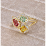 18ct Yellow Gold Orangey-Red, Yellow, and Green Mixed-Cut Sapphire and Diamond Cluster Ring