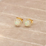 18ct Yellow Gold .56pts Round Opal and .13pts Diamond Halo Studs