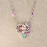 9ct White Gold, Laboratory Grown Diamond, Pink Topaz & Opal 'Peony' Necklace