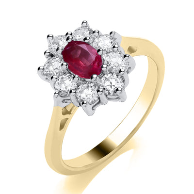 18ct Yellow Gold Ruby & Diamond Oval Cluster Ring