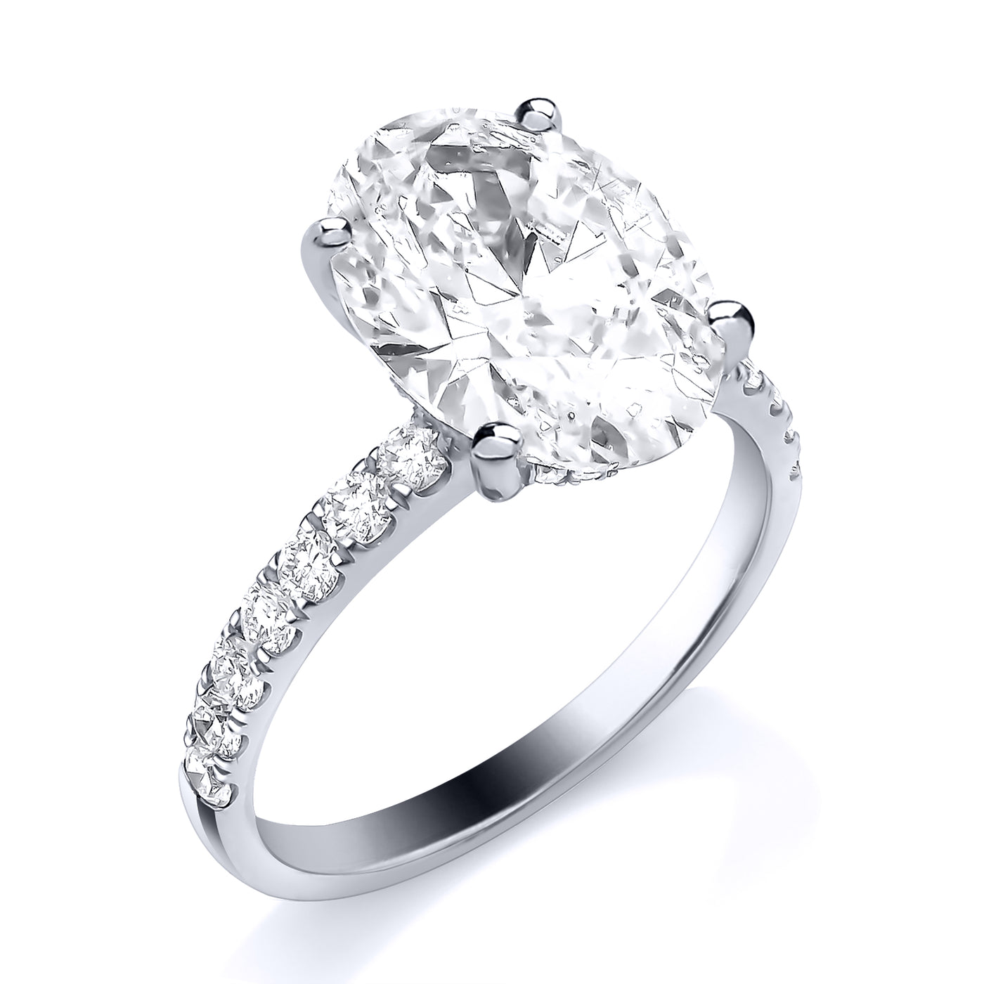 Platinum Laboratory-Grown Diamond 3ct Oval Solitaire with Hidden Halo & Shoulder Diamonds Ring