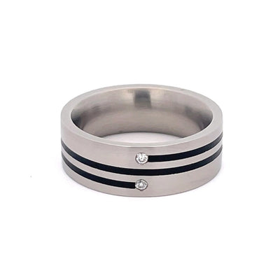 7mm Stainless Steel Black Line Diamond Ring - Size O