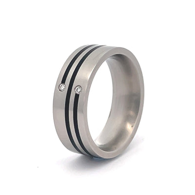 7mm Stainless Steel Black Line Diamond Ring - Size O