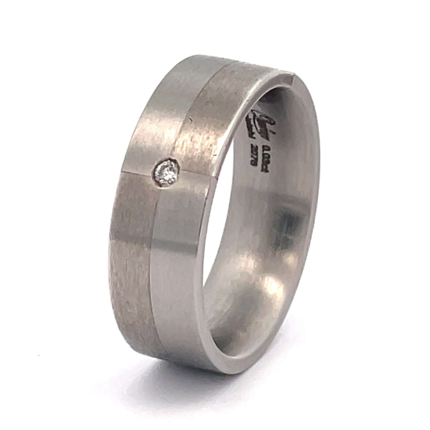 7mm Stainless Steel & Silver Diamond Ring - Size R 1/2