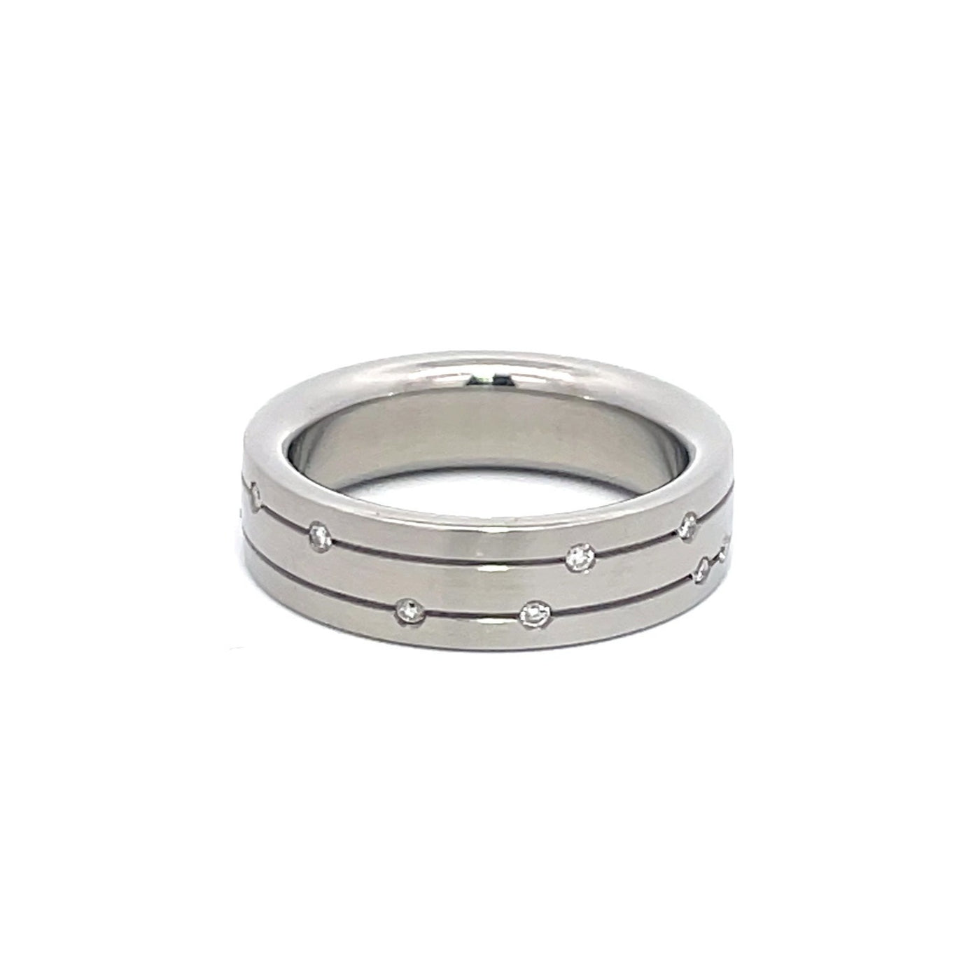 6mm Stainless Steel Incised Line Diamond Scatter Ring - Size N 1/2