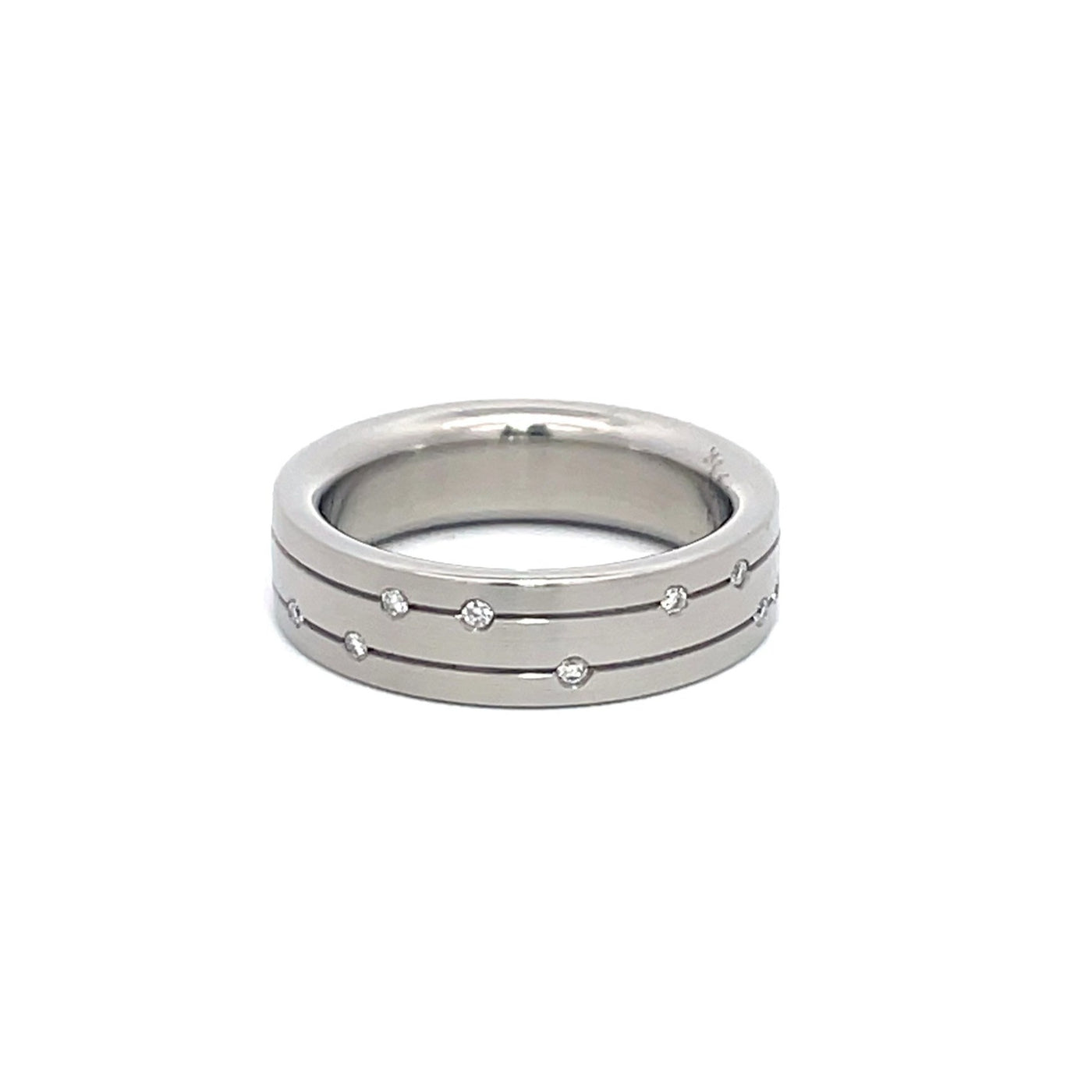 6mm Stainless Steel Incised Line Diamond Scatter Ring - Size N 1/2