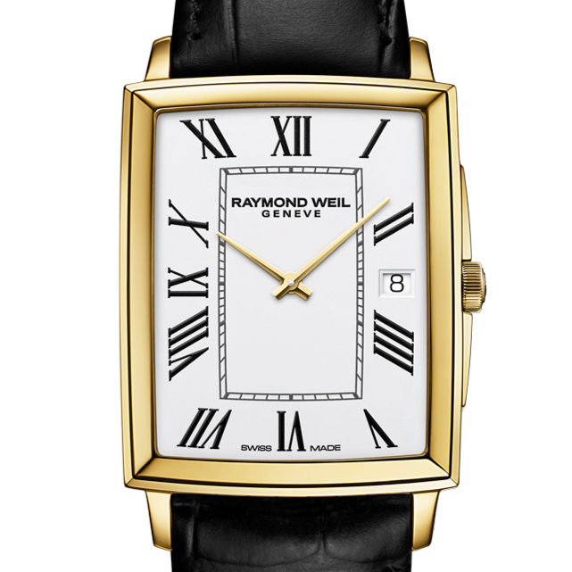 Raymond Weil Toccata Men’s Classic Rectangular Gold PVD White Dial Leather Watch, 37 x 29mm 5425-PC-00300