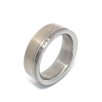 7mm Stainless Steel & Silver Incised Line Diamond Ring - Size N