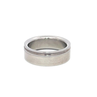 7mm Stainless Steel & Silver Incised Line Diamond Ring - Size N