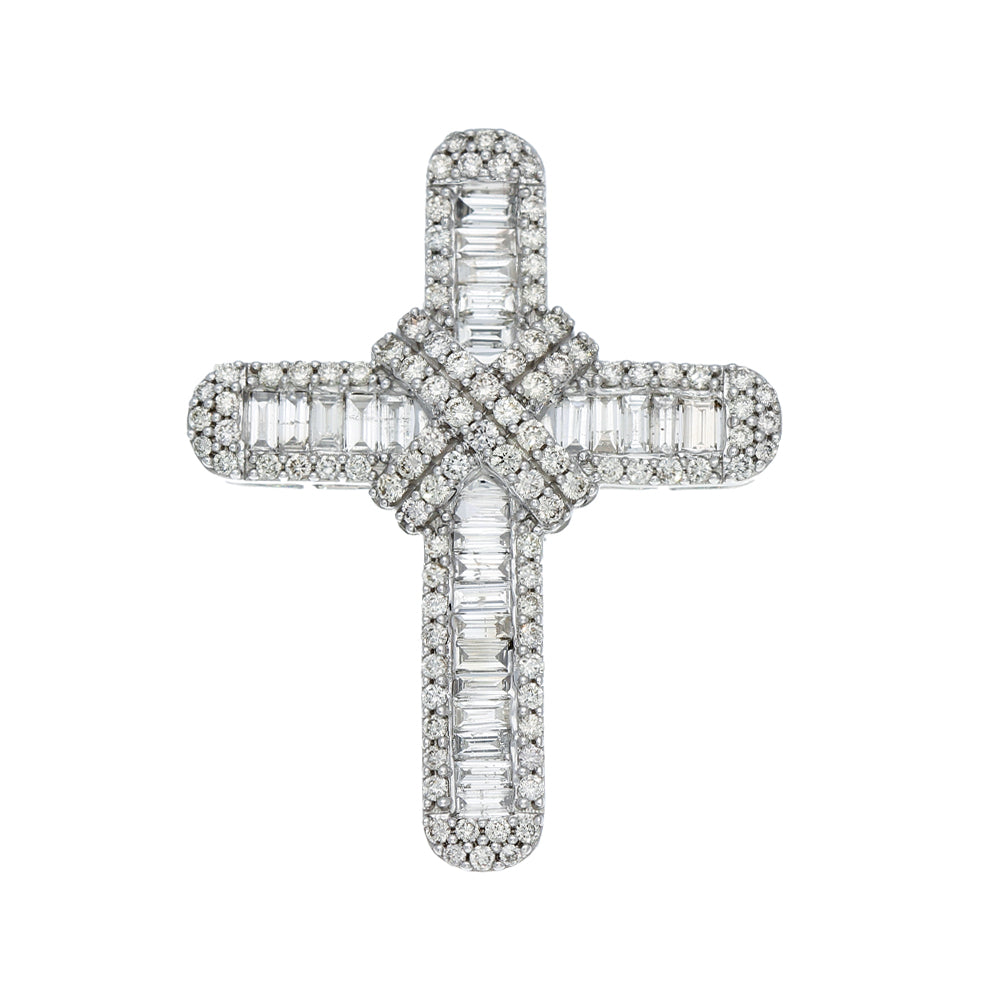 9ct White Gold Baguette and Round Diamond Cross Pendant