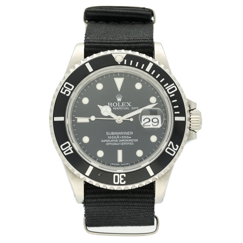 Rolex Submariner Date watch with a silver stainless steel case, black dial, black rotating bezel, and a black nylon strap, shown against a plain white background.