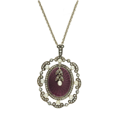 Antique Victorian Guilloché Purple Enamel, Pearl and Rose Cut Diamond Necklace