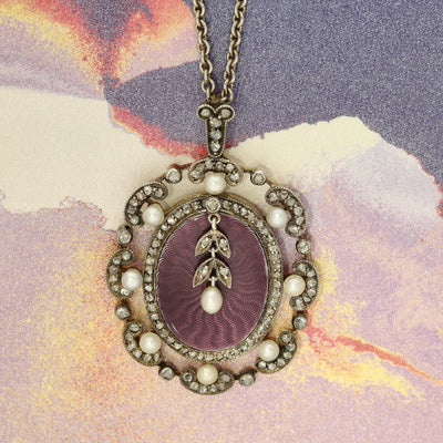 Antique Victorian Guilloché Purple Enamel, Pearl and Rose Cut Diamond Necklace