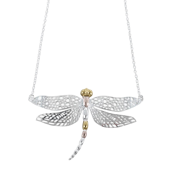 Artisan dragonfly pendant with diamonds in a silver outlet chain. Original and elegant design. Natural motif design.