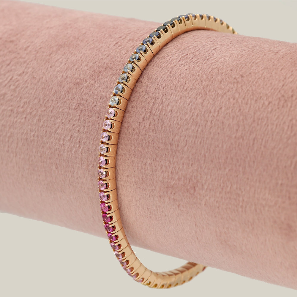 18ct Rose Gold Rainbow Sapphire Flexible Tennis Line Bracelet 4ct