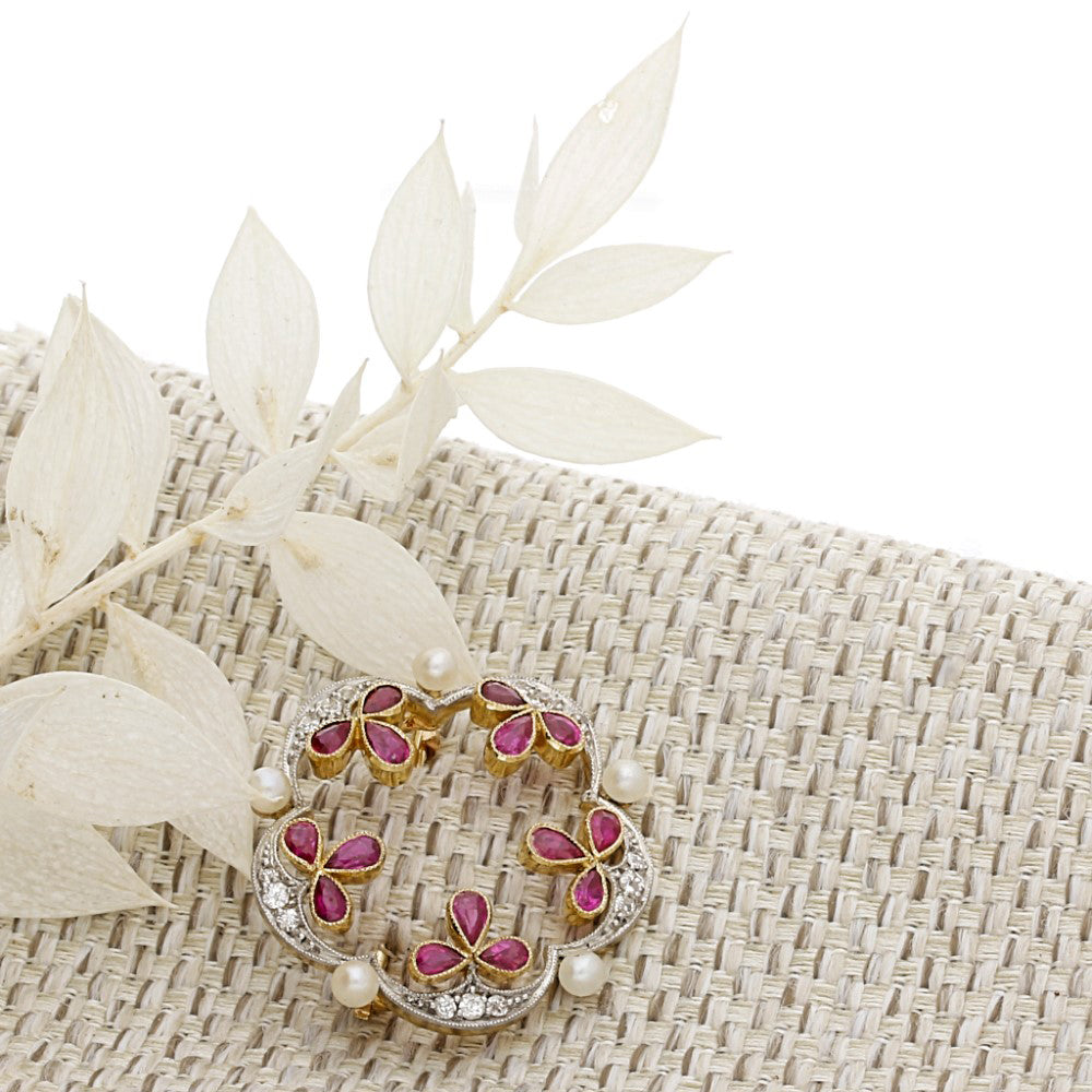Antique Ruby, Seed Pearl and Old Cut Diamond Brooch