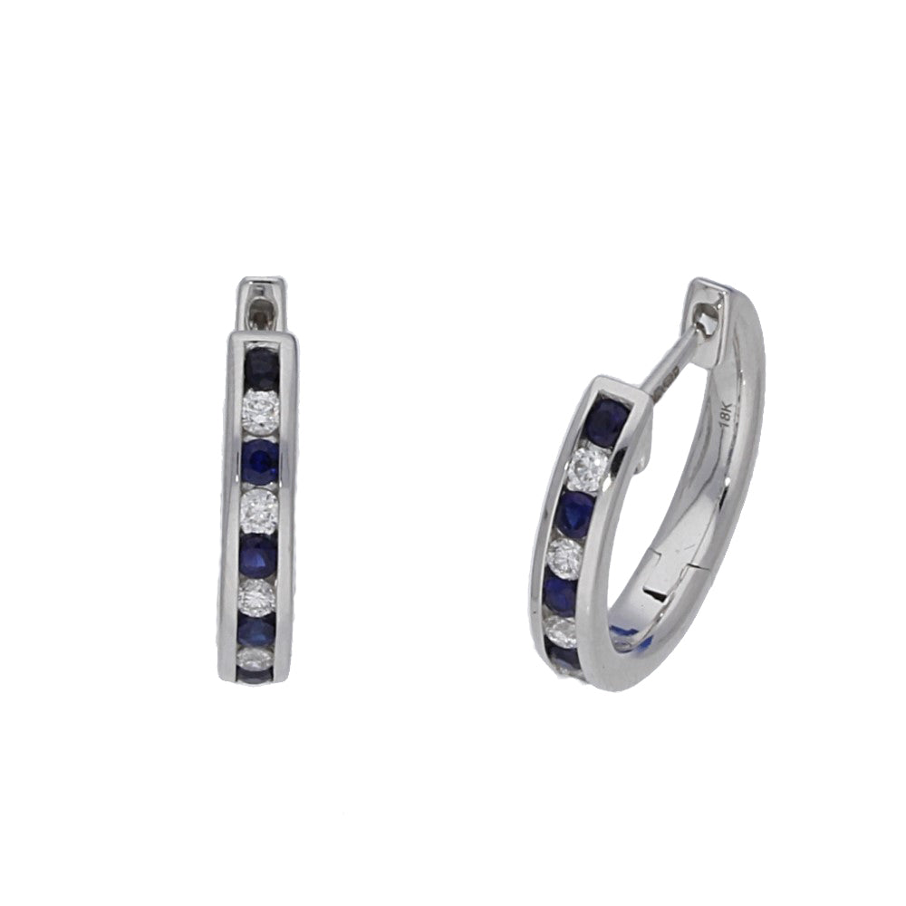 18ct White Gold Sapphire & Diamond Channel Set Small Hoop Earrings