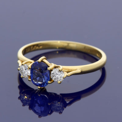 18ct Yellow Gold Synthetic Sapphire & Diamond Trilogy Ring