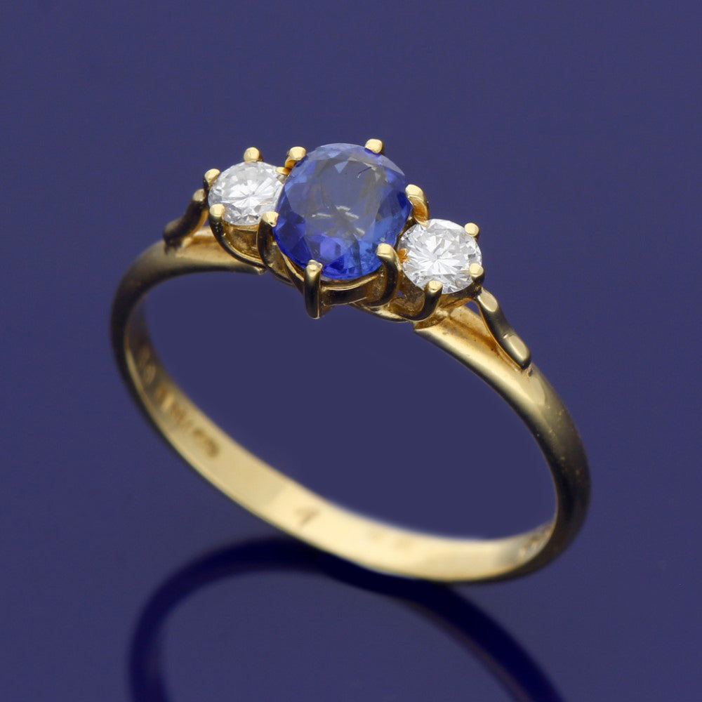 18ct Yellow Gold Synthetic Sapphire & Diamond Trilogy Ring