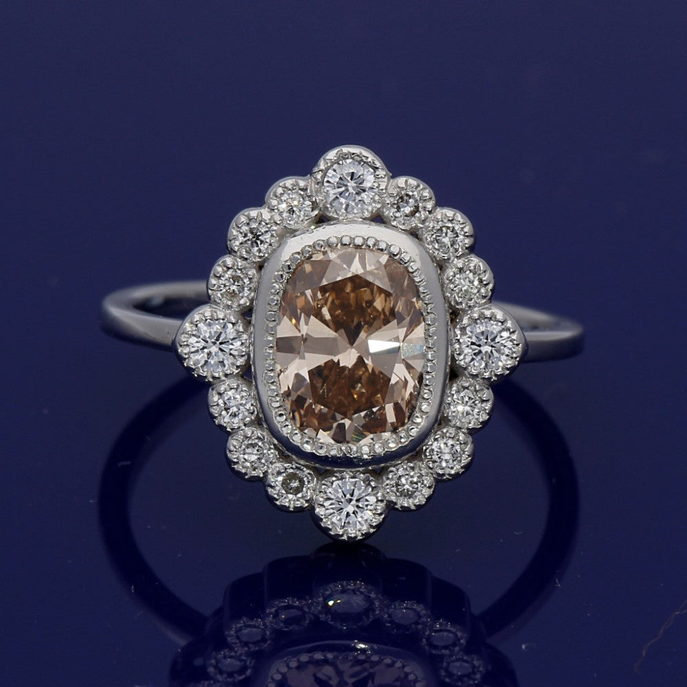 18ct White Gold 1.90ct Natural Light Brown Diamond Halo Cluster Ring