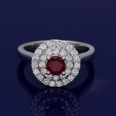 18ct White Gold Ruby & Diamond Double Halo Ring