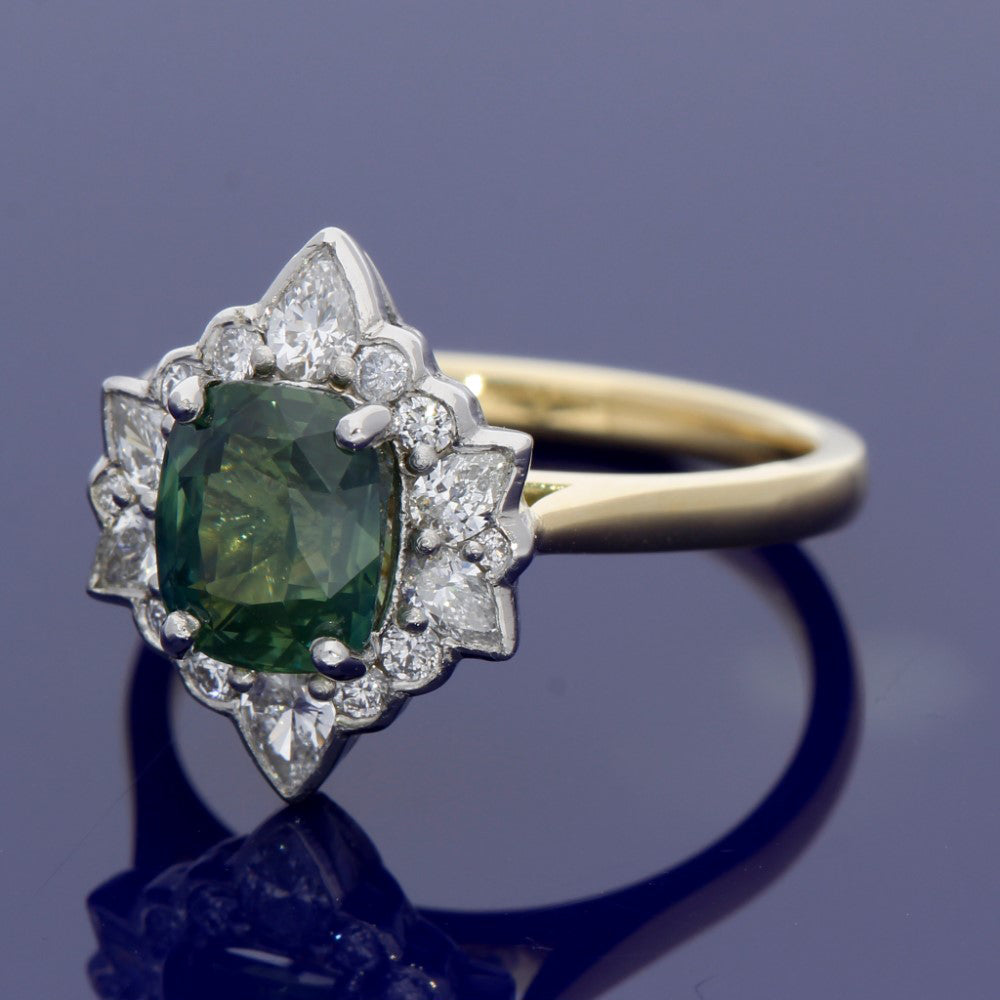 18ct Yellow Gold Green Sapphire & Diamond Ring