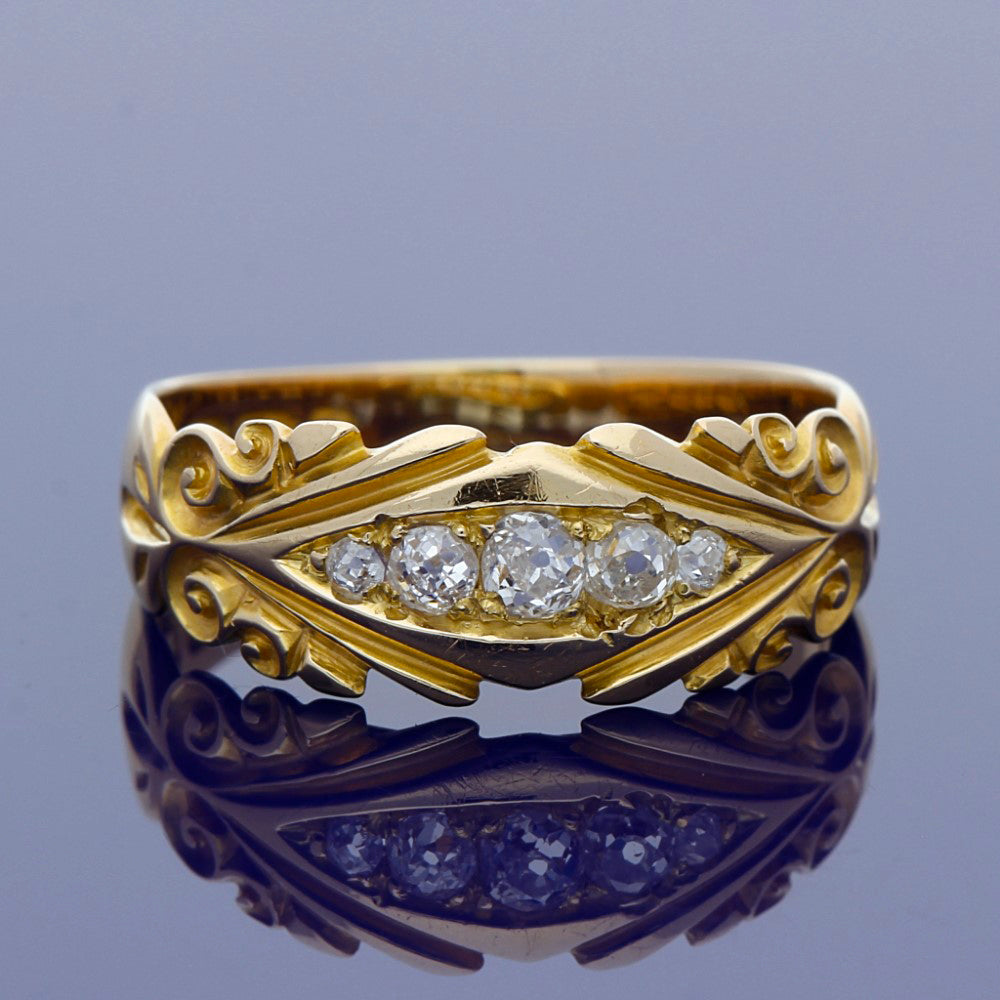 Antique Carved 18ct Yellow Gold Old Cut Diamond Vintage Ring