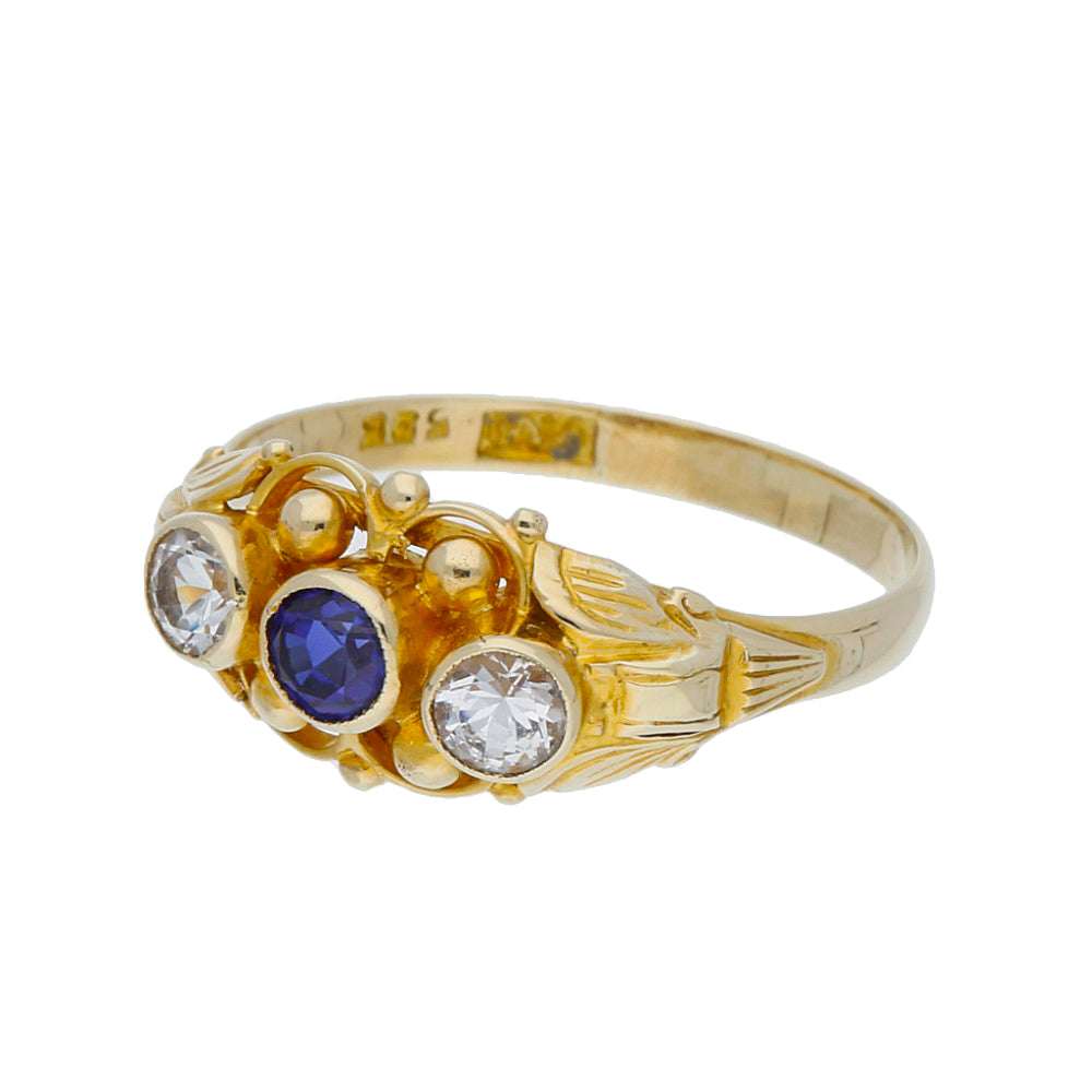 Vintage Style 9ct Yellow Gold Sapphire and Quartz Trilogy Ring