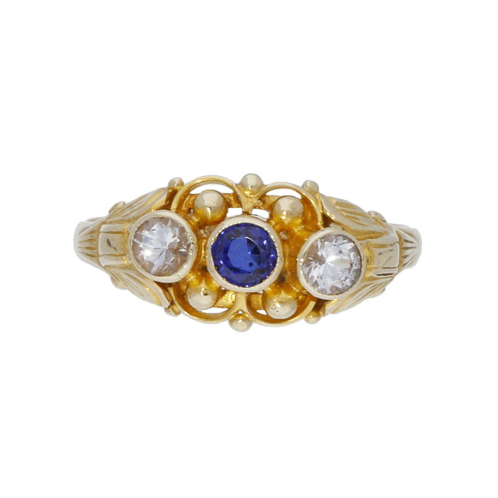 Vintage Style 9ct Yellow Gold Sapphire and Quartz Trilogy Ring