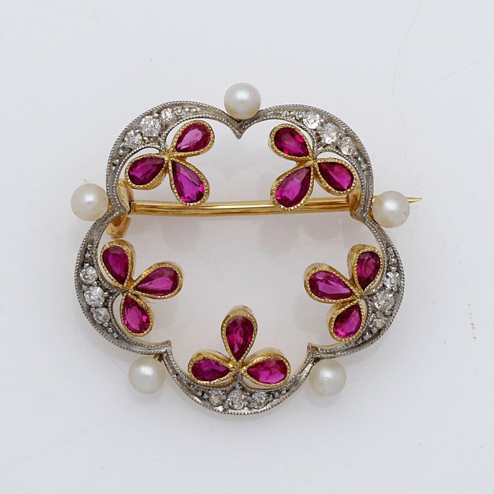Antique Ruby, Seed Pearl and Old Cut Diamond Brooch