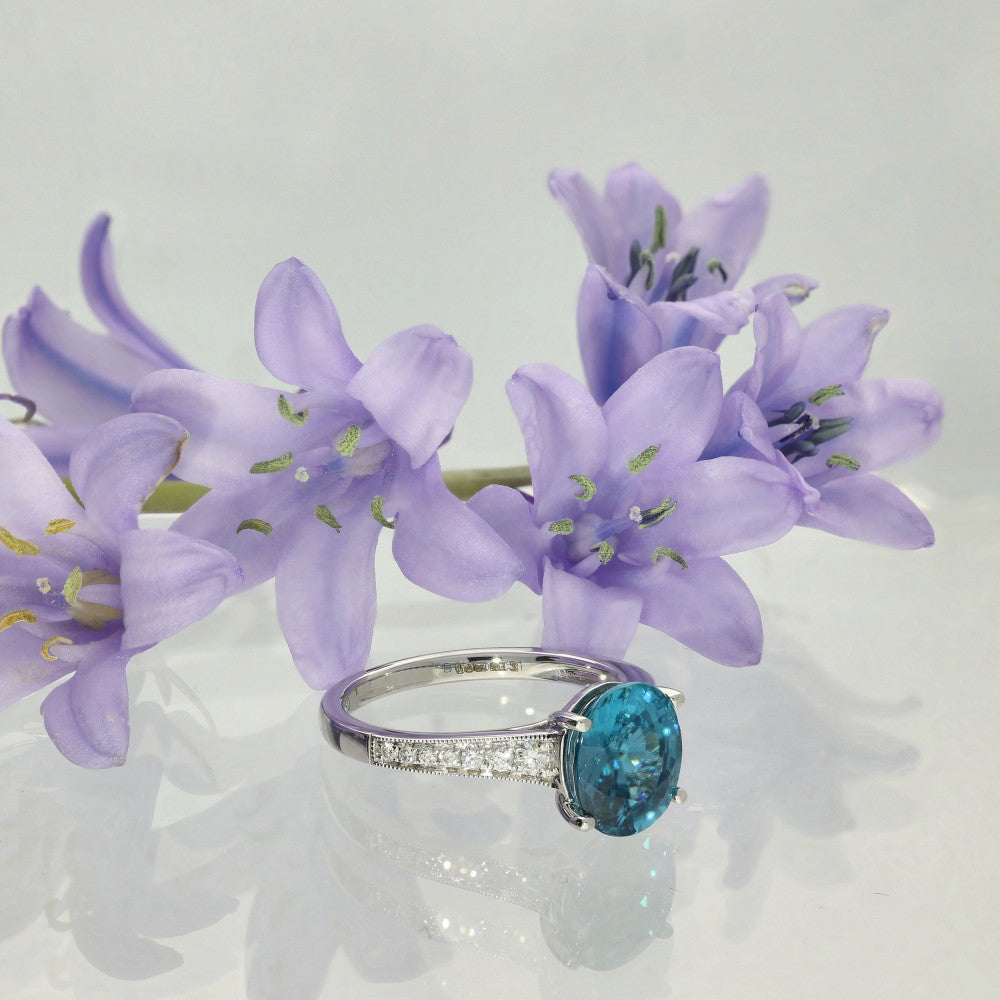 18ct White Gold Blue Zircon and Diamond Ring
