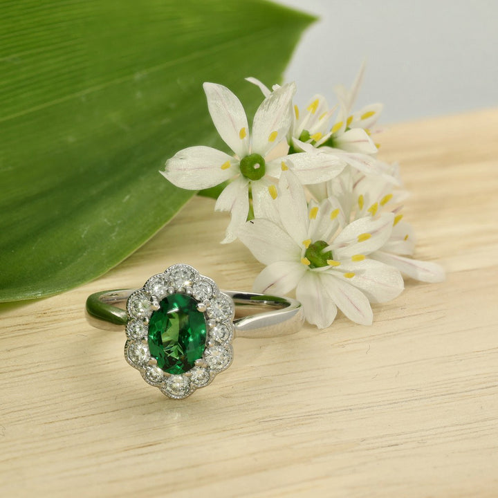 18ct Green Tsavorite Garnet Diamond Cluster Ring Gold Arts